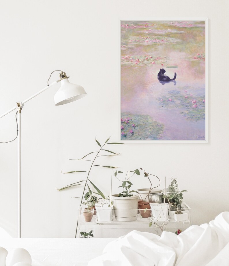 Monet Water Lily Pond Cat Poster, Monet Art Print, Black Cat Print ...