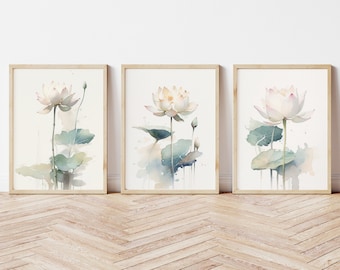Lotus Flower Prints, Set of 3, Lotus Wall Art, Botanical Print, Gallery Wall Set, Floral Print, Yoga Decor, Spiritual Wall Art