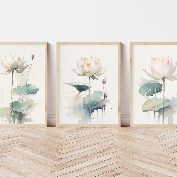 Lotus Flower Prints, Set of 3, Lotus Wall Art, Botanical Print, Gallery Wall Set, Floral Print, Yoga Decor, Spiritual Wall Art