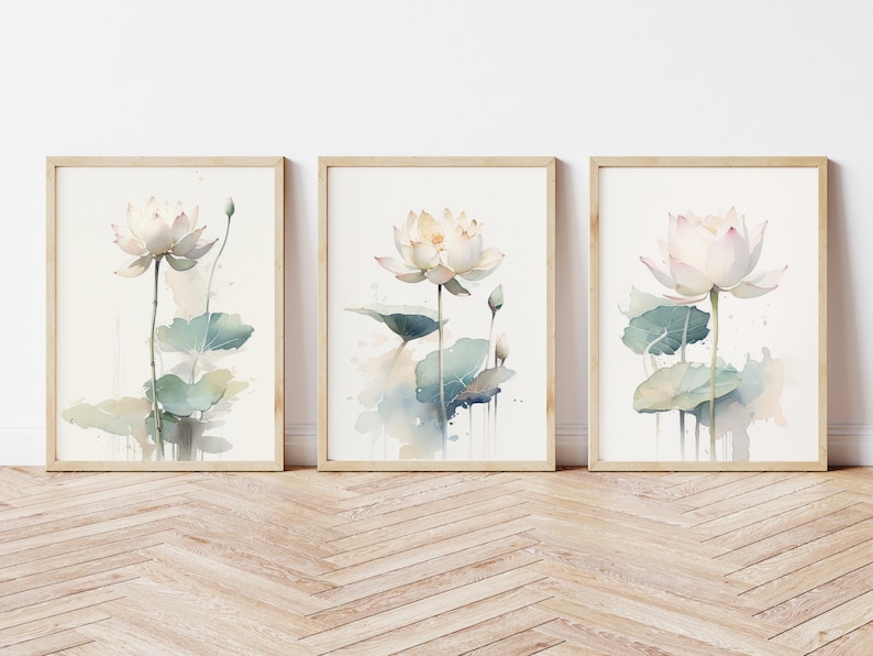 Lotus Flower Prints, Set of 3, Lotus Wall Art, Botanical Print, Gallery ...