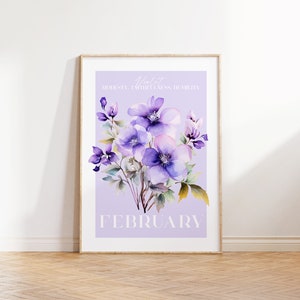 Birth Month Flower Print, February Birthday Gift, Violet Print, Watercolour Flower, Vintage Flower,Instant Download