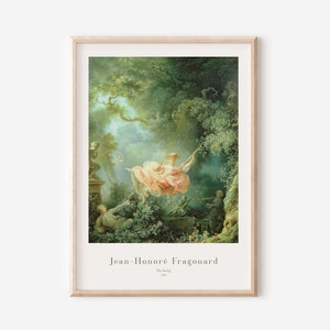 May include: A painting by Jean-Honoré Fragonard titled "The Swing". The painting depicts a woman in a pink dress swinging in a lush green garden. A man in a black suit watches from below, while another man hides behind a tree.