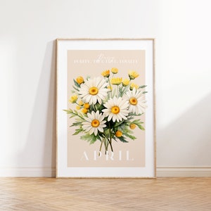 Birth Month Flower Print, April Birthday Gift, Daisy Print, Watercolour Flower, Vintage Flower,Instant Download
