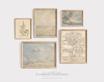 Vintage Landscape Cloud Painting Printable Set, Muted French Country Farmhouse Wall Art, Gallery Wall Decor, Neutral Antique Art Download