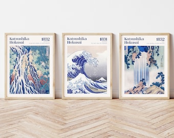 Hokusai Japanese Print Set of 3 - The Great Wave, Blue Wall Art, Katsushika Hokusai Poster, Gallery Wall Art, Digital Download