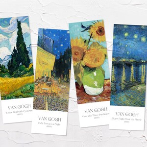 May include: Four bookmarks featuring famous Vincent van Gogh paintings. The bookmarks are printed with the titles "Wheat Field with Cypress", "Cafe Terrace at Night", "Vase with Three Sunflowers", and "Starry Night Over the Rhone".
