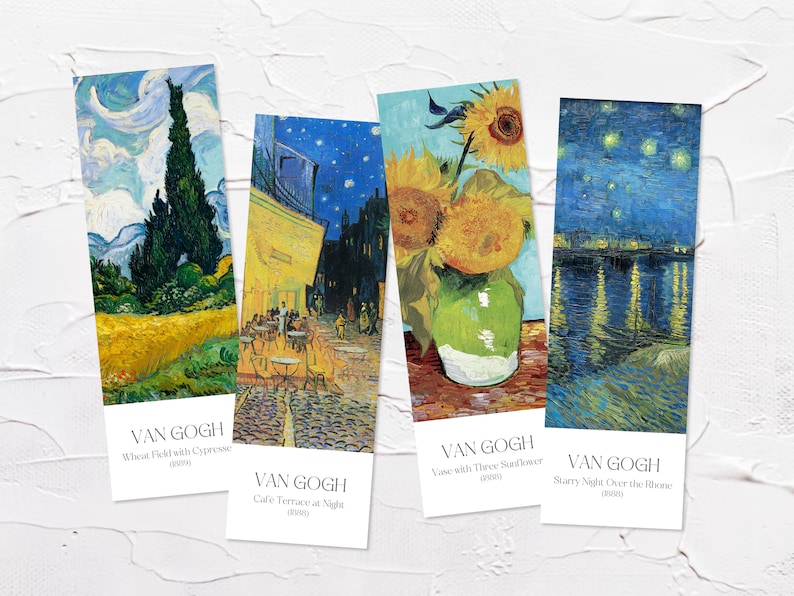 May include: Four bookmarks featuring famous Vincent van Gogh paintings. The bookmarks are printed with the titles "Wheat Field with Cypress", "Cafe Terrace at Night", "Vase with Three Sunflowers", and "Starry Night Over the Rhone".