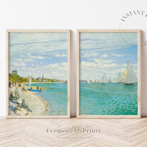 Set of 2 Monet Coastal Print, Beach Wall Art Set, Impressionist Landscape Painting, Printable Wall Art, Vintage Art Prints, Digital Download