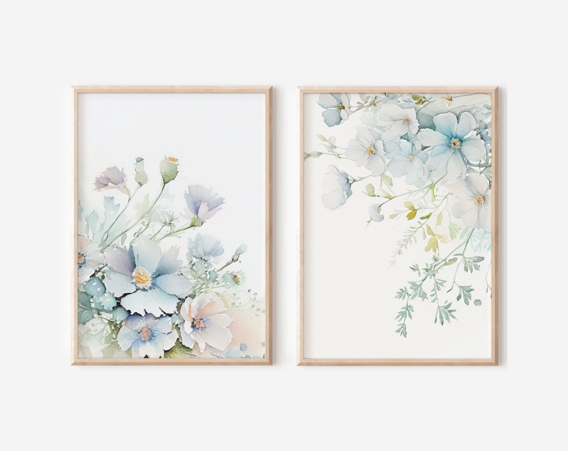 Watercolor Wildflower Wall Art Pale Blue Wall Art 2 Piece Etsy