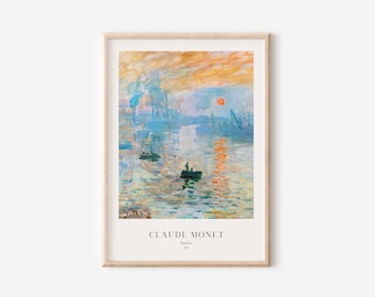 モネの印象派「日の出の絵画：川の風景」の印刷可能なアート（デジタル