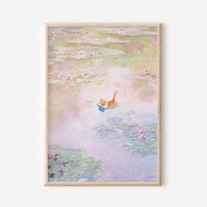 Monet Water Lily Pond Cat Poster, Monet Art Print, Orange Cat Print, Orange Cat Gift, Funny Cat Print, Monet Floral Print