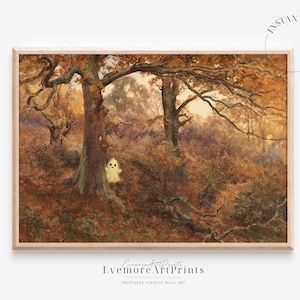 Cute Halloween Ghost Printable Art, Vintage Halloween Wall Decor, Cottagecore Fall Digital Download, Autumn Ghost Print Poster