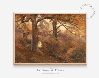 Niedliche Halloween-Geist druckbare Kunst, Vintage Halloween-Wand-Dekor, Cottagecore Herbst digitaler Download, Herbst Geist Print Poster