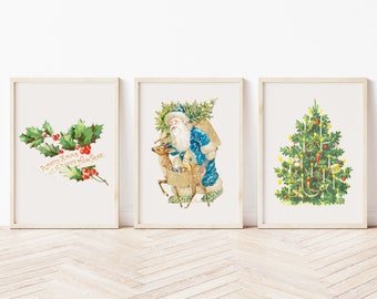 Vintage kerstmuurkunst set van 3, afdrukbare kerstman, kerstboom, hulstdecor, vakantiedecor, retro kerstafdrukken, instant download