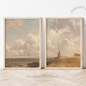 Vintage Coastal Wall Art Set of 2 Prints, Neutral Beach Decor,Printable Ocean Landscape Painting, Muted Beach Print,Coastal Painting