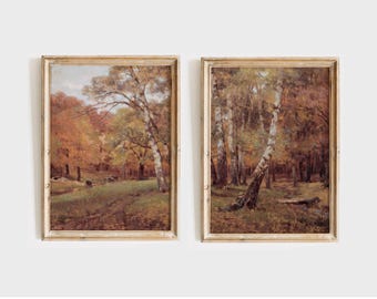 Vintage Fall Landscape Art Prints: Rustic Farmhouse Autumn Decor (Set of 2) (Digital Download