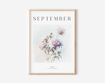 Geboortemaand bloemenprint, september verjaardagscadeau, aster print, aquarel bloem, vintage bloem, instant download
