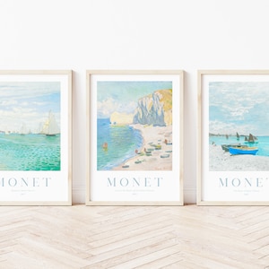 Conjunto de 3 impresiones de Monet, pared de la galería náutica, impresiones de arte costero, impresión de playa, impresión de paisaje marino, conjunto de pared de la galería de Monet, arte de pared imprimible