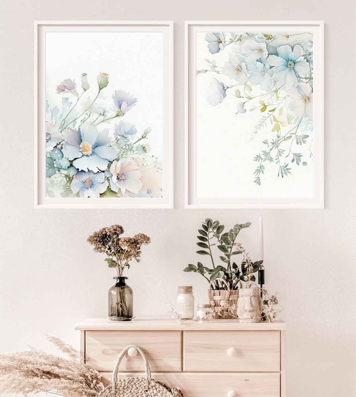 Watercolor Wildflower Wall Art Pale Blue Wall Art 2 Piece - Etsy