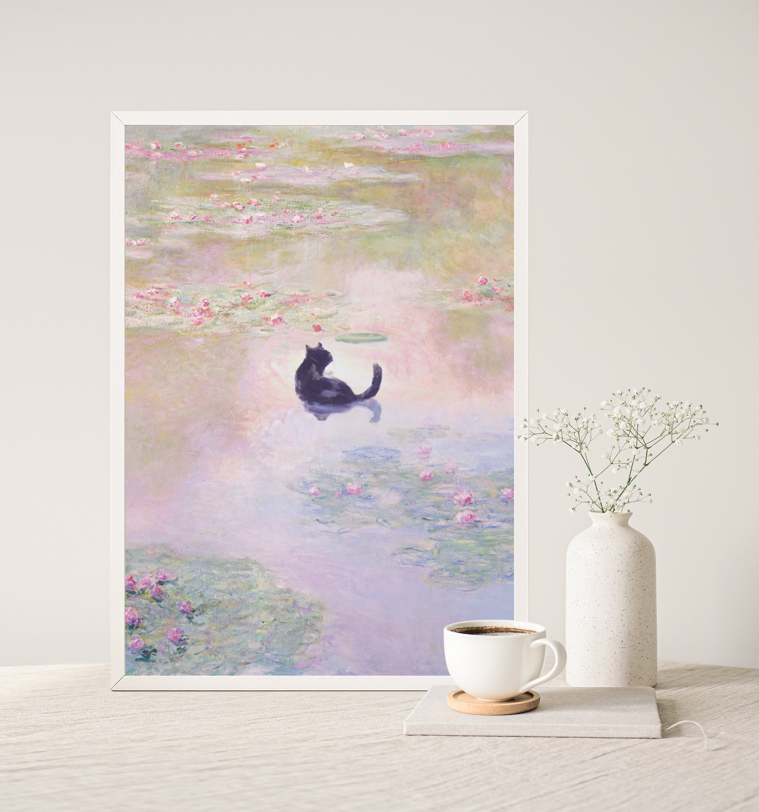 Monet Water Lily Pond Cat Poster, Monet Art Print, Black Cat Print ...