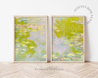 Monet waterlelie print set van 2, boerderij muurkunst, digitale afdrukbare, moderne muurkunst, galerie wanddecoratie, groene muurkunst
