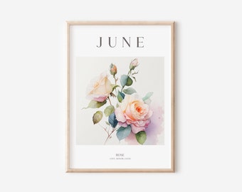 Birth Month Flower Print, June Birthday Gift, Rose Print, Watercolour Flower, Vintage Flower,Instant Download