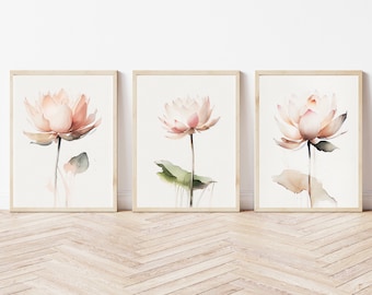 Lotus Flower Prints, Set of 3, Lotus Wall Art, Botanical Print, Gallery Wall Set, Floral Print, Yoga Decor, Spiritual Wall Art
