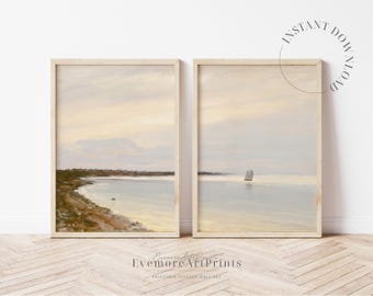 Vintage Coastal Wall Art Set of 2 Prints, Beach Decor, Ocean Print, Vintage Home Decor, Coastal Painting, Ocean Wall Art