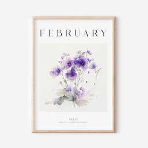 Birth Month Flower Print, February Birthday Gift, Violet Print, Watercolour Flower, Vintage Flower,Instant Download
