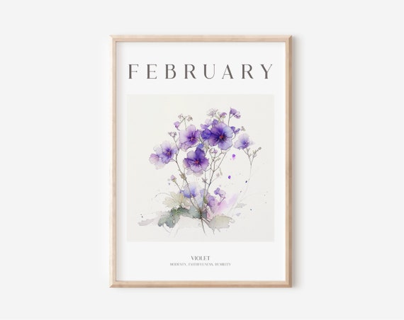 Birth Month Flower Print, February Birthday Gift, Violet Print, Watercolour Flower, Vintage Flower,Instant Download
