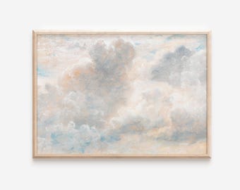 Cloud Printable Wall Art, Blue Sky Oil Painting Print, Vintage Sky Landscape, Minimalist Nursery Decor, Digital Download