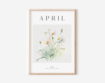 Birth Month Flower Print, April Birthday Gift, Daisy Print, Watercolour Flower, Vintage Flower,Instant Download