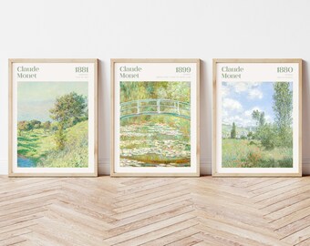 Puede incluir: Tres impresiones de arte enmarcadas que presentan pinturas de Claude Monet. Las impresiones están en un marco de madera claro y llevan los títulos "Nenúfares", "El Puente Japonés" y "Las Casas del Parlamento".