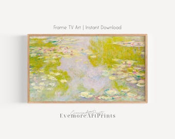 Puede incluir: Impresión digital enmarcada de un estanque de nenúfares al estilo de Monet. La obra presenta una escena impresionista llena de luz con tonos amarillos, verdes y rosas. El texto en la parte superior dice "Frame TV Art | Instant Download".