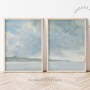 Vintage Coastal Wall Art Set of 2, Printable Beach Landscape Painting, Neutral Ocean Art Digital Download, Coastal Decor