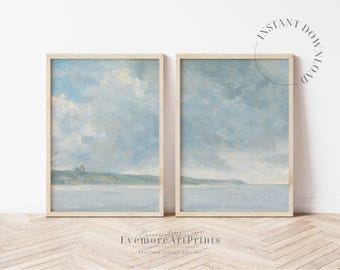Vintage Coastal Wall Art Set of 2, Printable Beach Landscape Painting, Neutral Ocean Art Digital Download, Coastal Decor