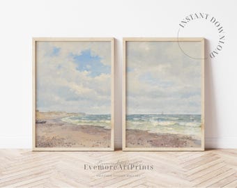 Vintage Coastal Seascape Set of 2 Prints, Neutral Beach Landscape Wall Art, Pastel Ocean Printable Art, Coastal Home Decor, DIGITAL DOWNLOAD