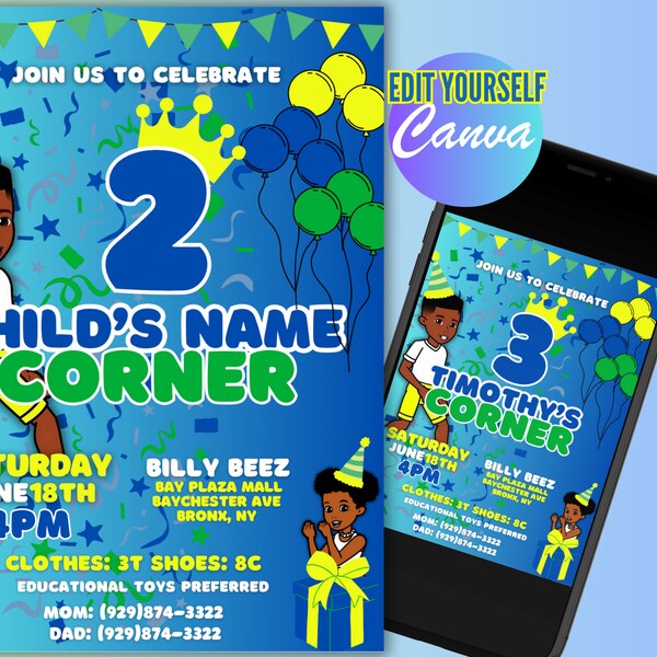 Editable Gracies Corner Boy Birthday Invitation Template Instant Download Green