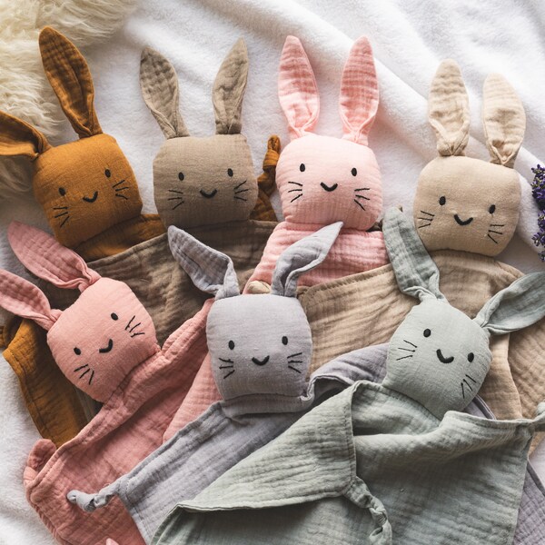 Doudou en mousseline personnalisable pour bébé, doudou lapin, Animal préféré, doudou pour bébé, cadeau de nouveau-né, peluche pour la fête des mères