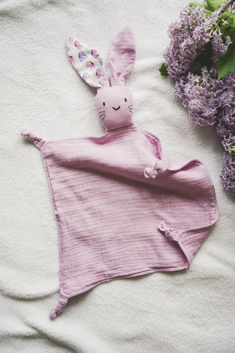 Personalizable baby muslin comforter rabbit with star ear as a gift Mother's Day holiday Newborn Babyshower girlfriend cuddle Flieder