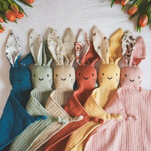 Personalizable baby muslin comforter rabbit with star ear as a gift Mother's Day holiday Newborn Babyshower girlfriend cuddle image 1