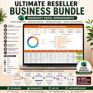 May include: A digital product display for an Ultimate Reseller Business Bundle featuring Microsoft Excel spreadsheets. The screen shows an inventory management dashboard with charts, tables, and data tracking tools for inventory, profits, and returns.