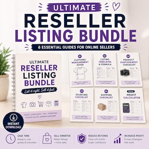 Puede incluir: Un paquete de productos digitales titulado Ultimate Reseller Listing Bundle, que incluye una guía encuadernada en espiral y seis tarjetas sobre medidas de ropa, plantillas, fotografía, abastecimiento, envíos y una calculadora de beneficios.