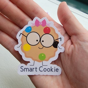 May include: A brown cookie with a pink bow, blue, red, yellow, and green dots, and black glasses. The cookie has a smiling face and the text "Smart Cookie" is written below it.