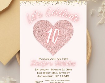 Pink Glitter Heart Geburtstagseinladungsvorlage (editierbar in Canva)