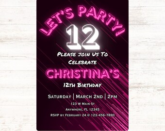 Pink Neon Birthday Invitation Template: Editable Girl Party Invite (Digital Download)