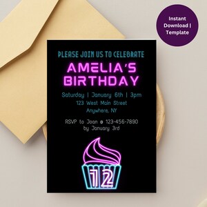 Neon Birthday Invitation Template| Editable Glow Party Birthday Invitation | Glow Party Theme |
