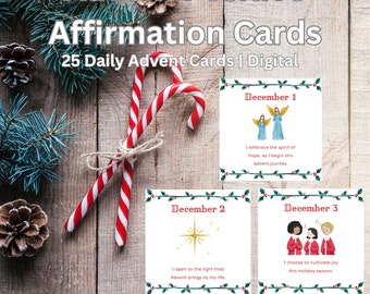 Könnte beinhalten: Ein Satz von 25 druckbaren digitalen Affirmationskarten für die Adventszeit. Die Karten zeigen festliche Illustrationen und positive Botschaften für jeden Tag im Dezember bis Weihnachten.