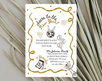 Könnte beinhalten: Neujahrs-Einladungskarte mit goldenen und schwarzen Illustrationen. Die Karte zeigt den Text "cheers to the New Year!" und "Please join us as we count down to the New Year". Enthält einen Kalender mit dem Datum 31. Dezember.