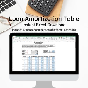 Può includere: Un monitor di computer mostra una tabella di ammortamento del prestito in Excel. L'immagine include un laptop, una calcolatrice e occhiali. Il testo sullo schermo recita "Loan Amortization Table" e "Instant Excel Download."